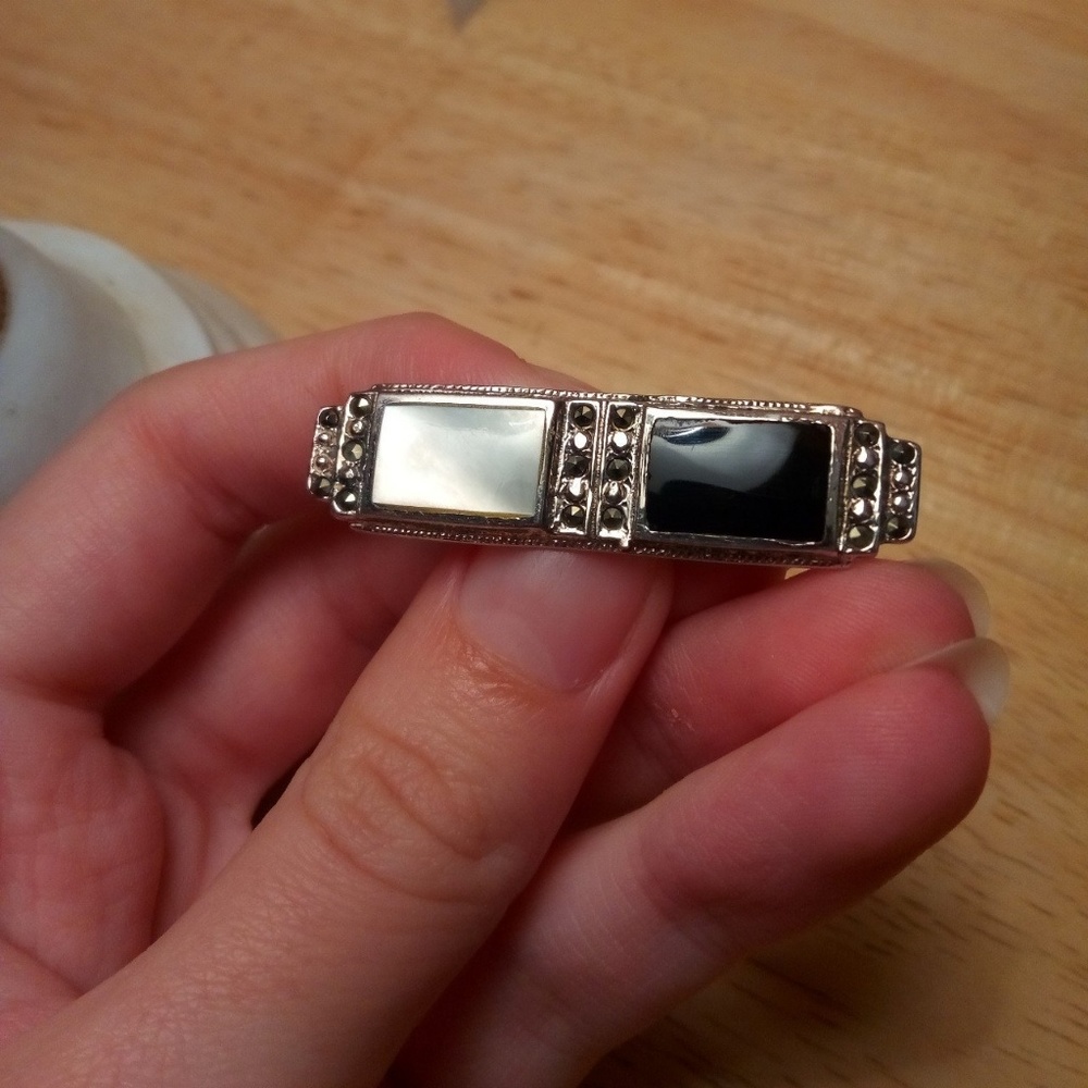 Sterling pin with marcasite, onyx and MOP